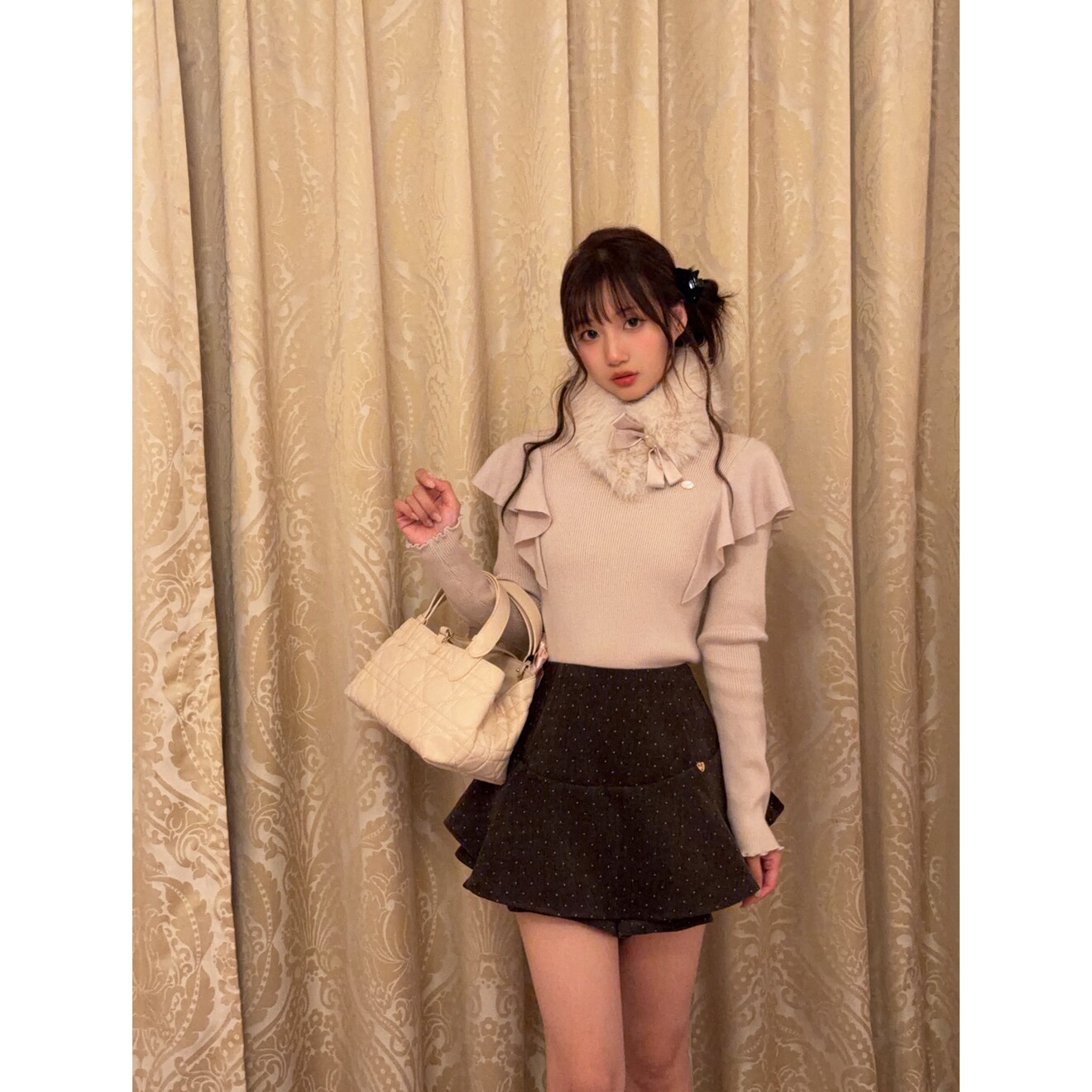 honeyrubao小椿奈奈 奶乖娃娃领荷叶边针织衫上衣
