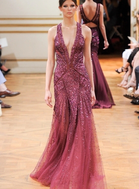 zuhair murad 2025年新款紫色V领挂脖鱼尾主持聚会晚礼服敬酒服