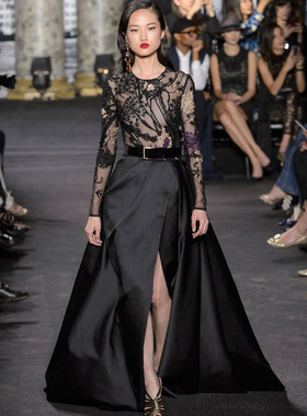 Elie Saab 黑色缎面晚礼服开叉走秀长袖女修身显瘦唱歌演出服2025