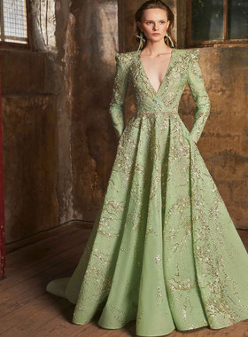 Tony Ward 果绿色V领长袖精美钉珠红毯年会演出晚礼服婚礼敬酒服