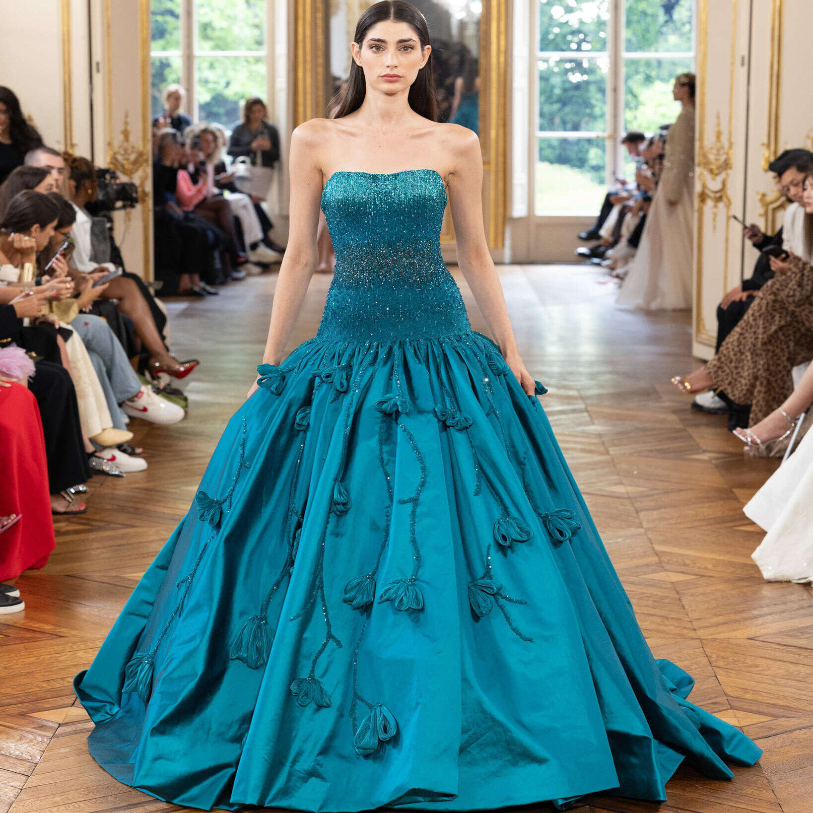 Tony Ward 蓝色收腰抹胸优雅蓬蓬裙红毯年会生日演出晚礼服迎宾服