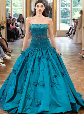 Tony Ward 蓝色收腰抹胸优雅蓬蓬裙红毯年会生日演出晚礼服迎宾服