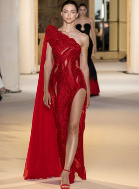 Tony Ward 红色单肩刺绣开叉露腿新娘婚礼敬酒服回门宴订婚晚礼服