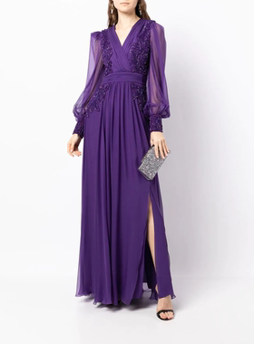 Zuhair Murad 紫色长袖钉珠优雅精致婚礼妈妈装晚礼服新娘敬酒服