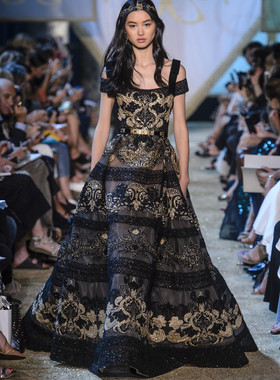 Elie Saab 黑色一字肩晚礼服奢华刺绣钉珠晚会演出高档婚礼年会