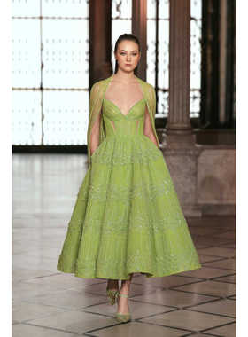 Tony Ward 绿色披肩袖遮肉显瘦脚踝长度生日派对订婚敬酒小礼服