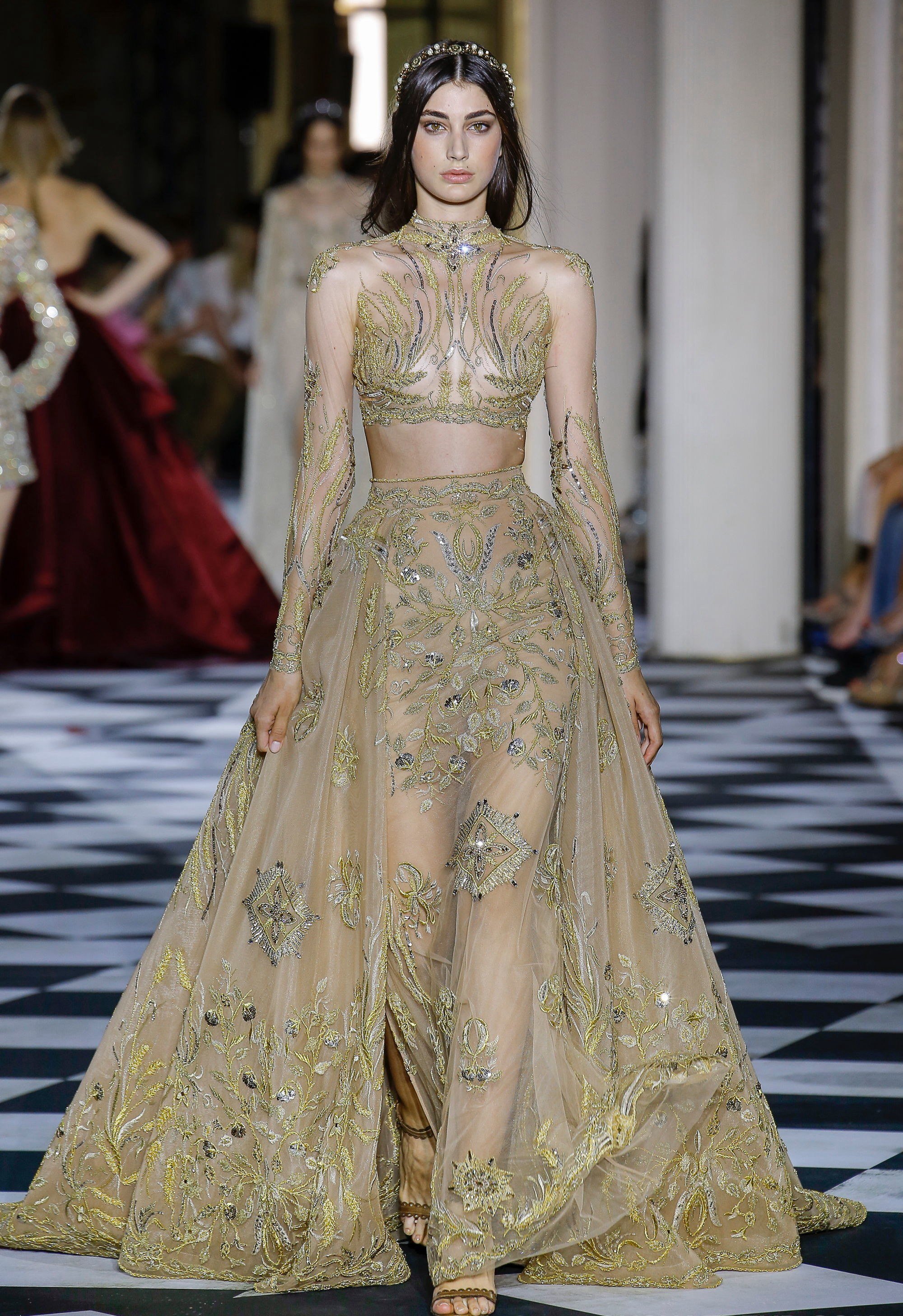 金色奢华晚礼服长袖高领晚会宴会新娘婚礼敬酒服量身定做高端刺绣