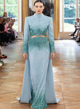 Tony Ward 蓝色两件套长袖修身显瘦显高晚宴红毯晚礼服婚礼迎宾服