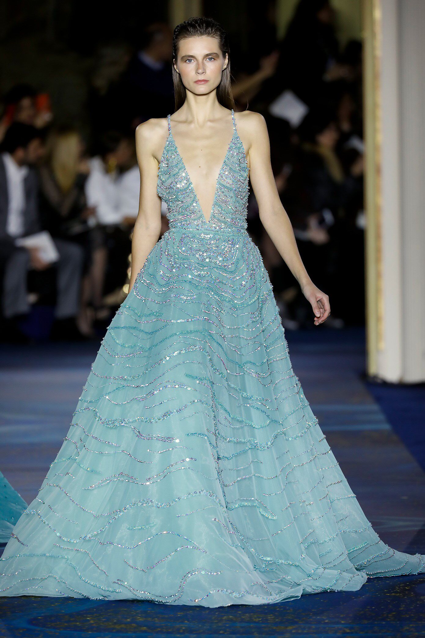 zuhair murad 蓝色深V领露背奢华礼服成人礼红毯演出服婚礼敬酒服