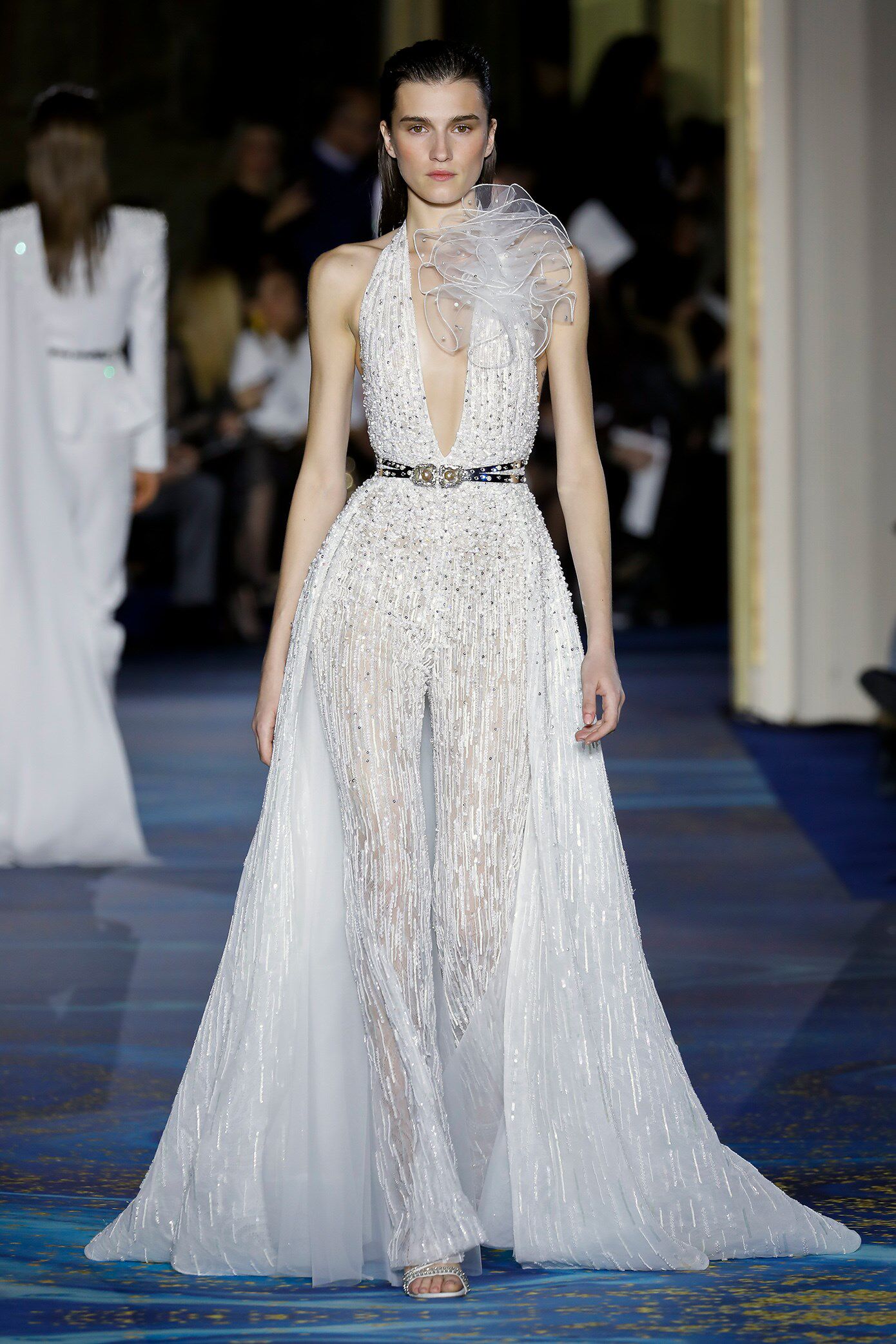 zuhair murad 白色V领露背裤装奢华手工假两件套红毯宴会年会礼服