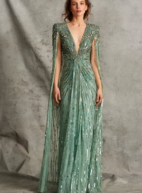绿色披风款V领手工珠片霸气年会红毯生日派对主持人晚礼服敬酒服