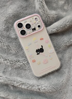 圆弧气囊IMD卡通可爱春日格纹时钟沙发黑色小猫手机壳适用iPhone17promax全包防摔苹果16亮面15趣味创意少女