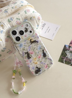 圆弧气囊IMD春日可爱绿叶花朵黑色兔子手机壳适用iphone17promax全包防摔苹果16亮面15趣味创意带手链田园风