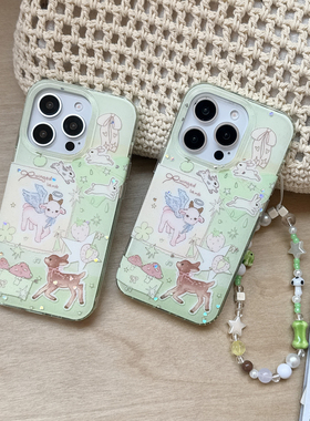 双层印花imd绿色细闪小鹿小羊清新手机壳适用iphone16promax大孔防摔苹果15女生趣味14亮面13带手链网红可爱