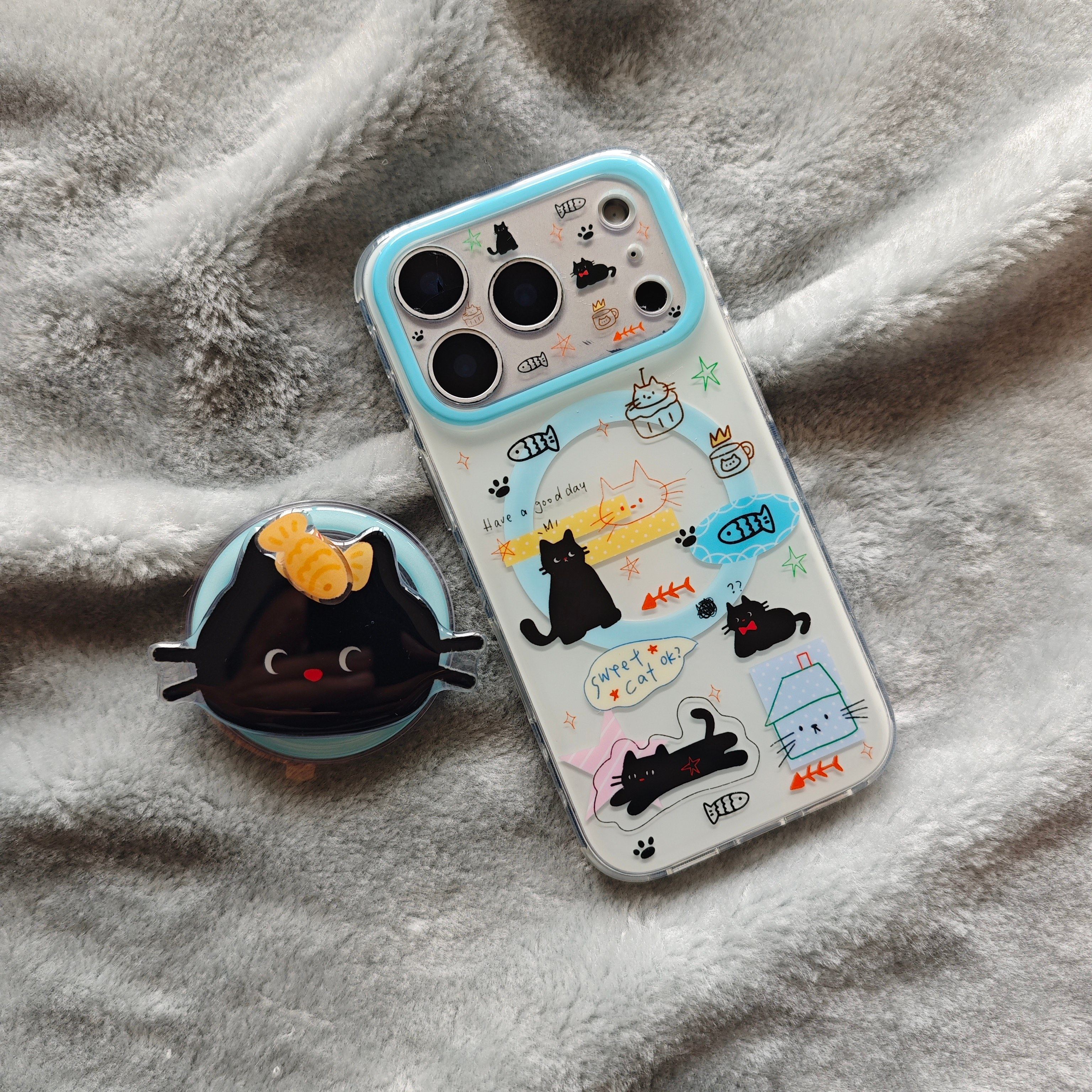 IMD磁吸卡通可爱黑色小猫线条小鱼手机壳适用iPhone17promax个性防摔苹果16亮面15趣味创意14支架13呆萌治愈,3C数码配件,手机保护套/壳,淘宝优惠券,粉丝福利购,淘宝优惠卷