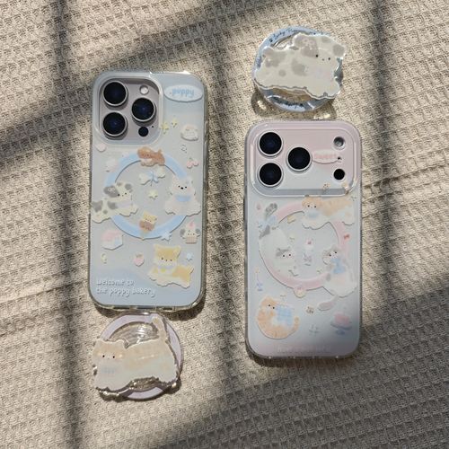 可爱蓝粉泼墨猫咪狗狗情侣手机壳