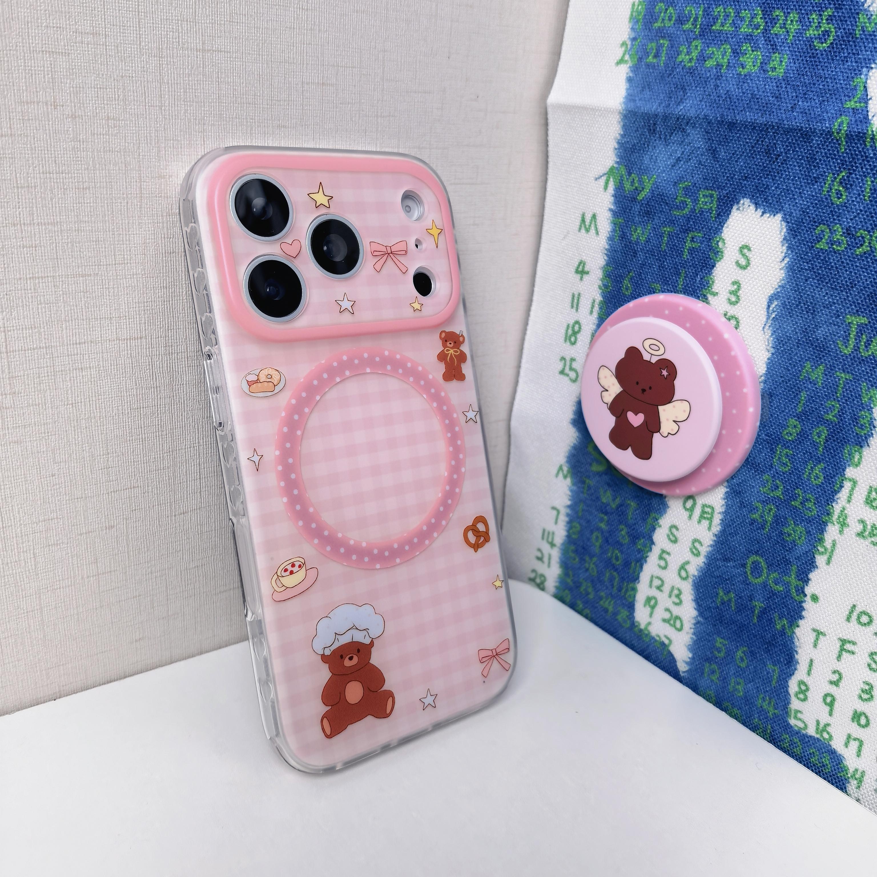 粉色格纹星星帽子小熊手机壳