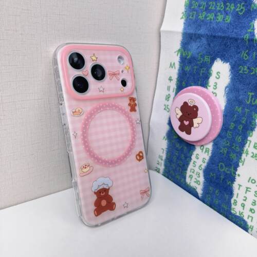 粉色格纹星星帽子小熊手机壳