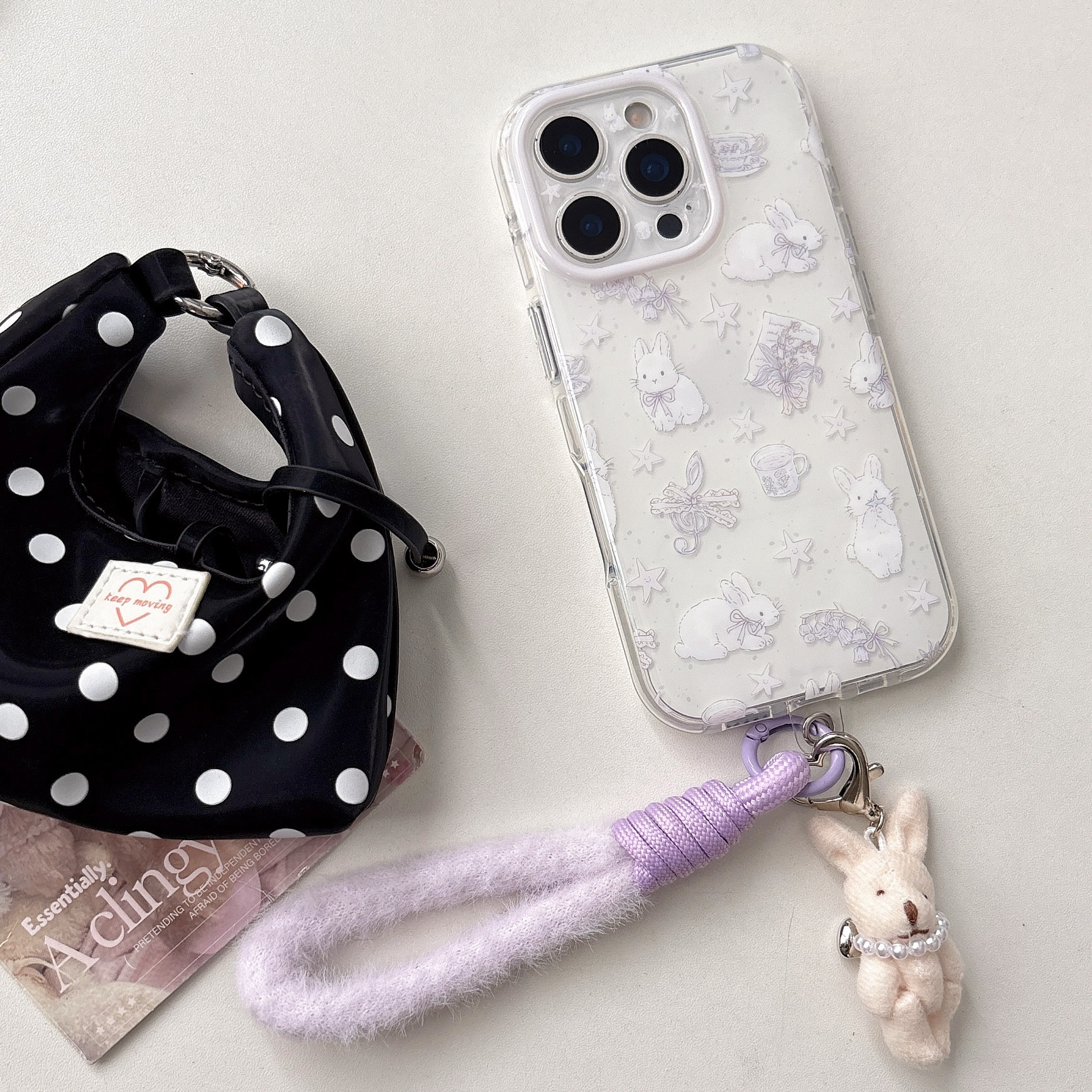 圆弧气囊IMD卡通可爱紫色泼墨兔子星星手机壳适用iphone17promax全包防摔苹果16亮面15趣味创意玩偶挂绳萌系