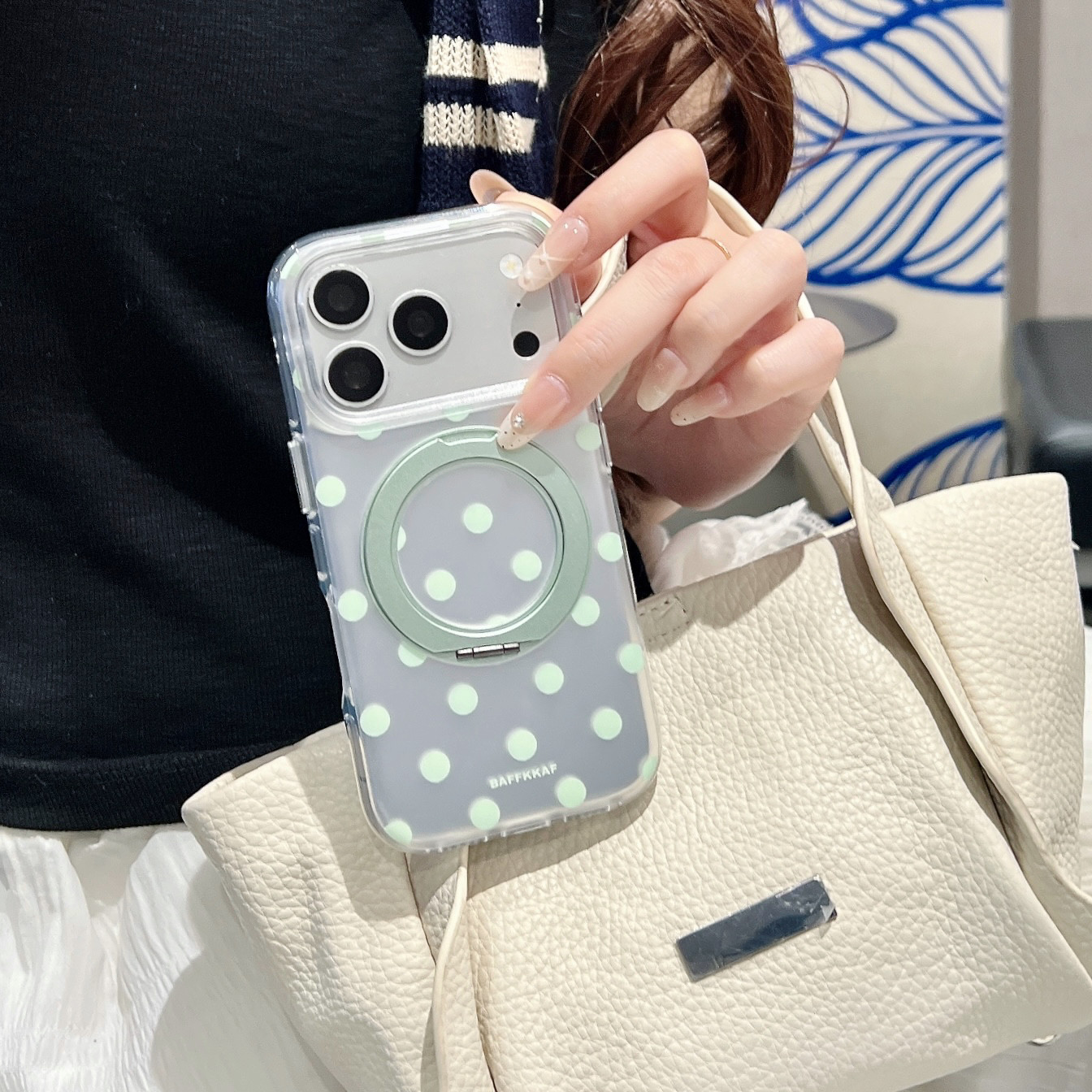 IMD磁吸清新简约电镀银绿波点360支点手机壳适用iphone17promax大孔防摔苹果16磨砂15趣味创意折叠旋转支架新