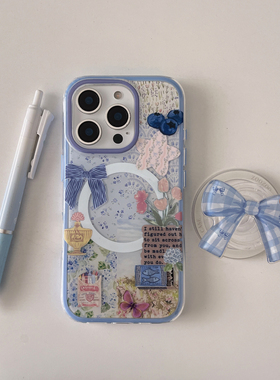 二合一蓝边双层印花imd磁吸蓝莓蝴蝶结拼接插画手机壳适用iphone16promax大孔防摔苹果15复古14 亮面13小众硬