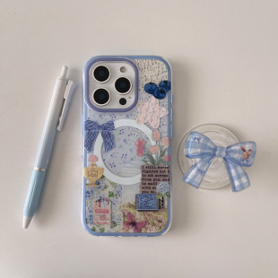 二合一蓝边双层印花imd磁吸蓝莓蝴蝶结拼接插画手机壳适用iphone16promax大孔防摔苹果15复古14 亮面13小众硬