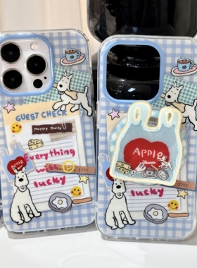 双层印花imd磁吸蓝色格纹标签狗狗购物袋手机壳适用iphone16promax大孔防摔苹果15趣味14亮面13支架男女清新
