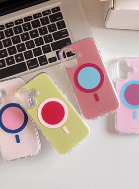 圆弧气囊双层印花imd磁吸拼色简约手机壳适用iphone16promax大孔防摔苹果15磨砂14情侣13姐妹少女多巴胺网红