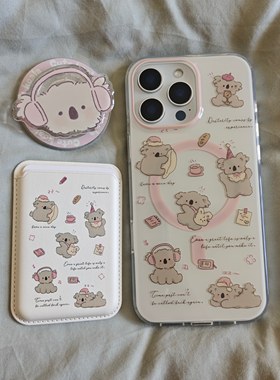 IMD磁吸卡通可爱米色底耳机考拉17手机壳适用iphone16promax防摔苹果15趣味个性14亮面时尚卡包支架女ins