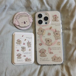 IMD磁吸卡通可爱米色底耳机考拉17手机壳适用iphone16promax防摔苹果15趣味个性14亮面时尚卡包支架女ins