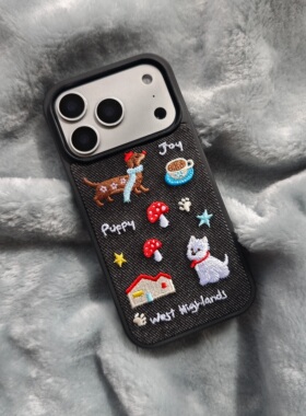 卡通可爱黑色牛仔刺绣房子蘑菇狗狗手机壳适用iphone17promax大孔防摔苹果16高级15趣味创意14少女心13轻奢新