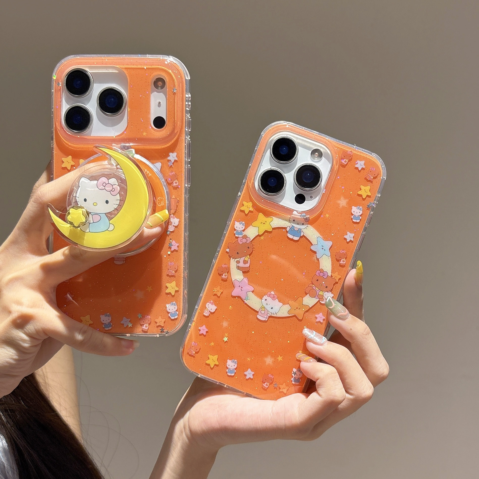 IMD磁吸卡通可爱闪粉月亮星星kitty猫橙色手机壳适用iPhone17promax大孔防摔苹果16亮面15趣味创意14支架13新