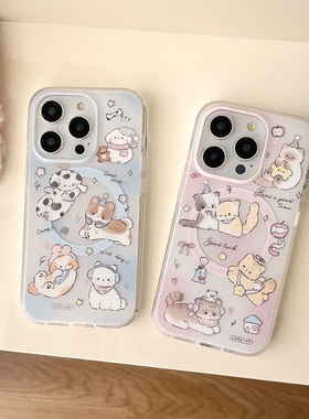 新款情侣晕染蓝粉耳机猫咪狗狗双层imd磁吸手机壳适用iphone16promax防摔17苹果15磨砂男女14摇摇乐13可爱