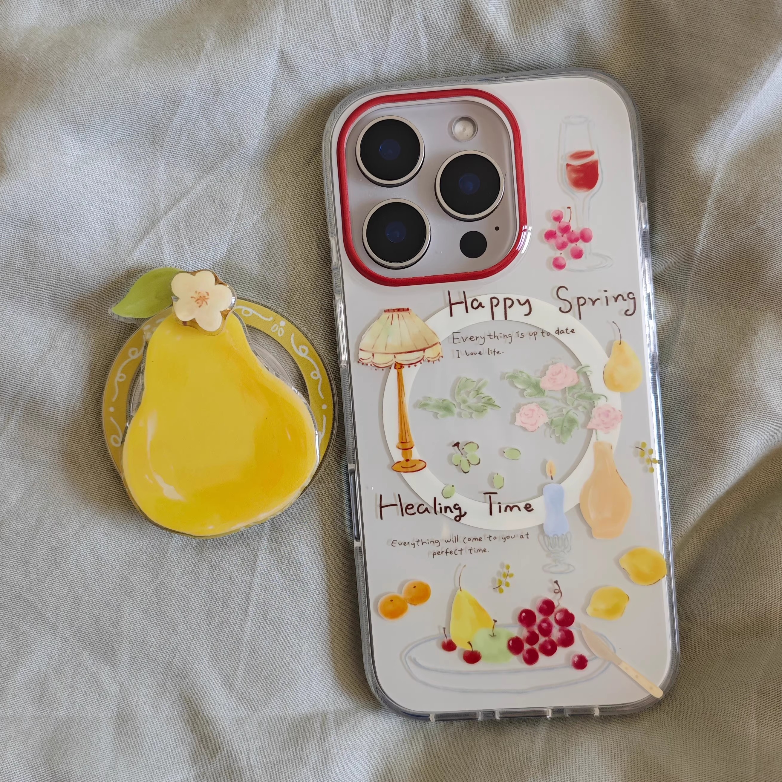IMD磁吸夏天简约米色底台灯红酒水果手机壳适用iphone16promax大孔防摔苹果15趣味黄梨支架14亮面13女生新款