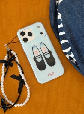 IMD简约清新小众蓝底黑色芭蕾鞋手机壳适用iPhone17promax大孔防摔苹果16亮面15趣味创意14蝴蝶结手链ins风13