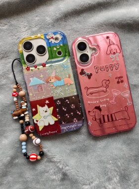 IMD卡通可爱拼接西高地线条腊肠狗手机壳适用iPhone17promax大孔防摔苹果16亮面15趣味创意14手链13萌系女生