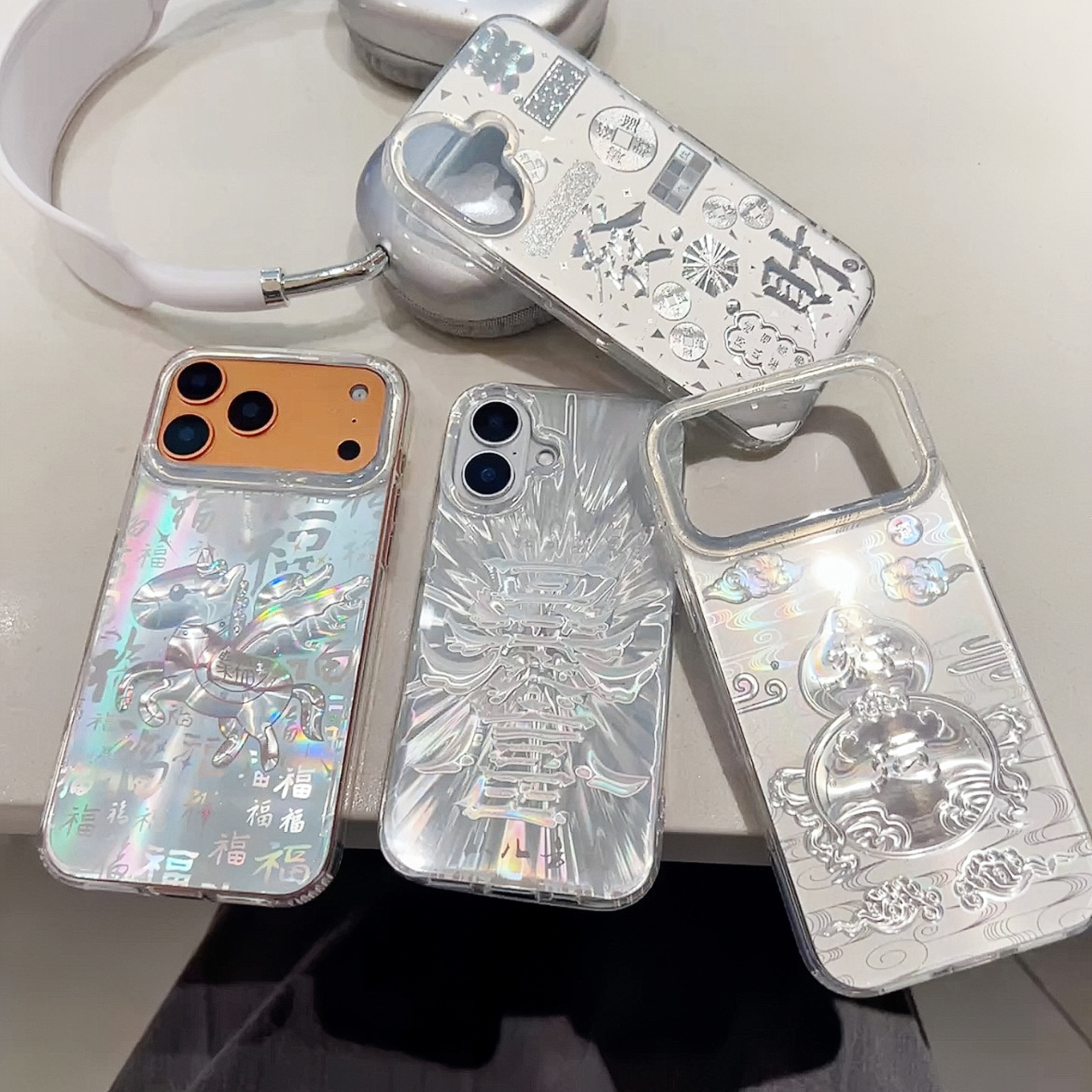 银色马年好运发财暴富情侣手机壳