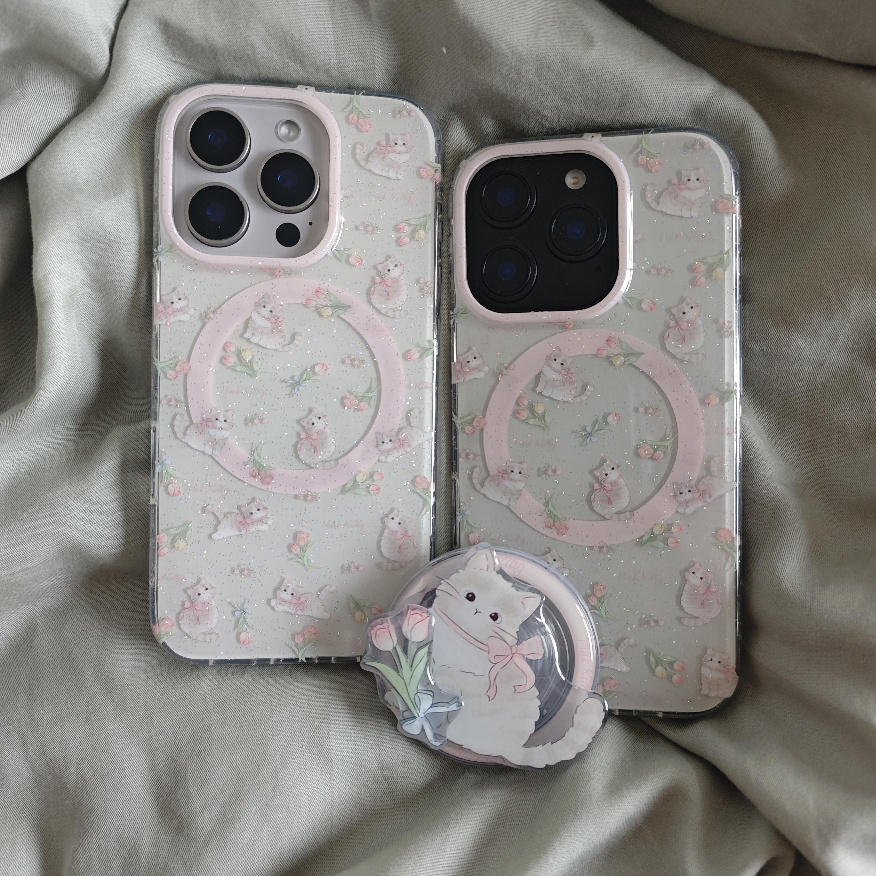 苹果粉色猫咪磁吸手机壳