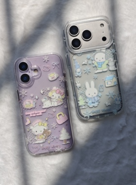 圆弧气囊IMD卡通可爱秋冬透色雪花kitty猫米菲兔手机壳适用iPhone17promax大孔防摔苹果16亮面15趣味14创意13