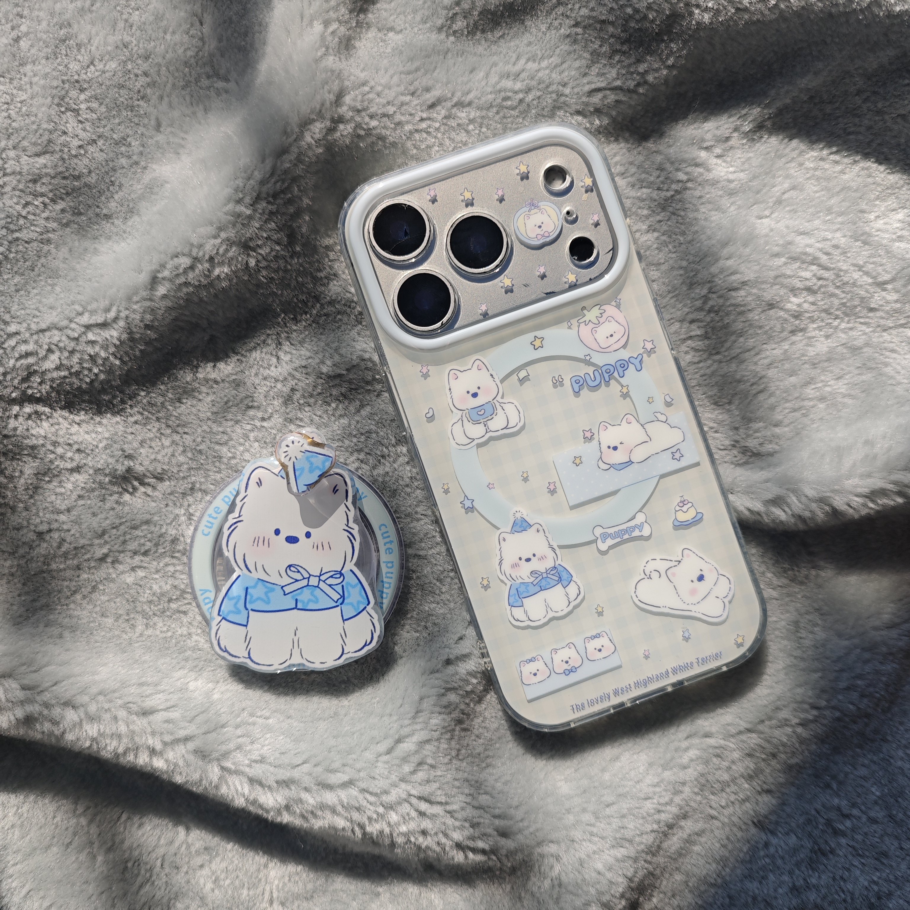 IMD磁吸卡通可爱蓝色星星格纹蓝帽西高地手机壳适用iPhone17promax个性防摔苹果16亮面15趣味创意14支架13新