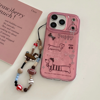 可爱粉底棕色线条腊肠狗手机壳
