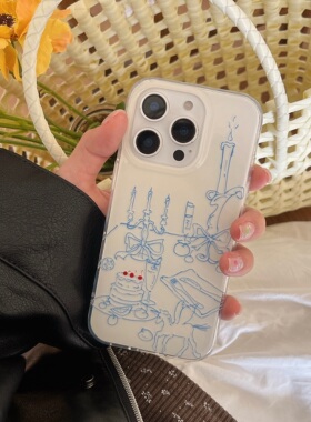 双层印花imd米色底蓝色线条烛台手机壳适用iphone16promax大孔防摔苹果15个性趣味14亮面13小众17air文艺简约