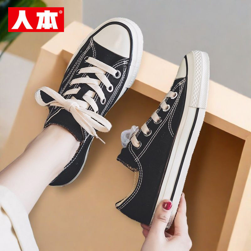 人本复古帆布鞋女春秋新款低帮透气黑色百搭轻便学生休闲平底板鞋