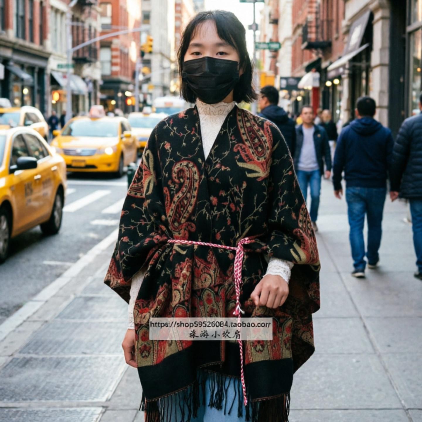 Cape shawl波西米亚中国风复古流苏开叉披肩斗篷秋冬旅行保暖披风
