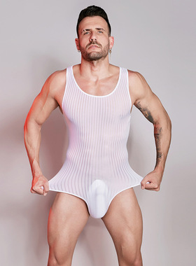 男士冰丝薄透连体衣紧身无感高弹竖条舒适塑身衣性感猛男表演服