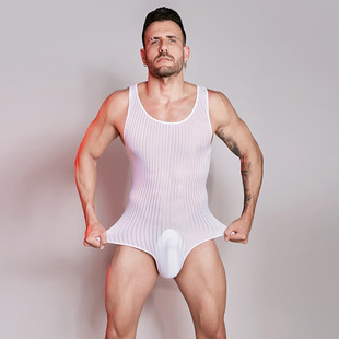 男士 冰丝薄透连体衣紧身无感高弹竖条舒适塑身衣性感猛男表演服