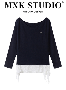 2025秋季新款女装蕾丝气质拼接长袖针织T恤时尚显瘦设计小衫上衣