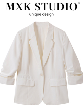 新款时尚百搭显瘦洋气一颗扣褶皱七分袖休闲西装外套女士上衣长袖