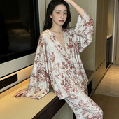 印花套装 可外穿2026冰丝睡衣女春夏季 抖音直播时尚 长袖 网红长 薄款
