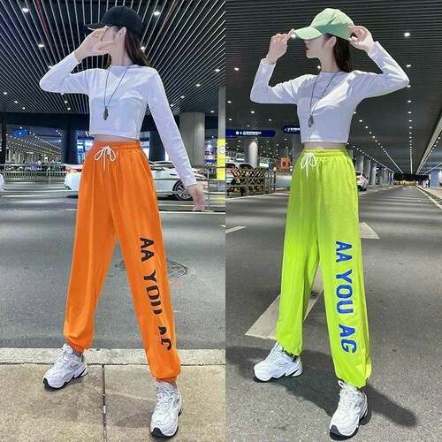 春秋季新款炸街裤子女宽松字母束脚裤男女同款广场舞爵士舞卫裤潮